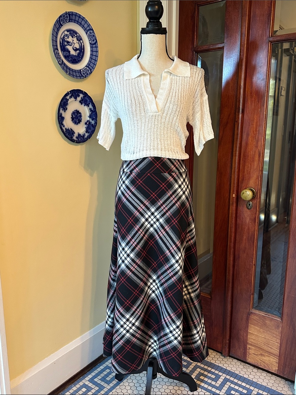 Charter Club | VTG Plaid Bias-Cut Maxi Skirt Wool Blend Red Black White, Size 14